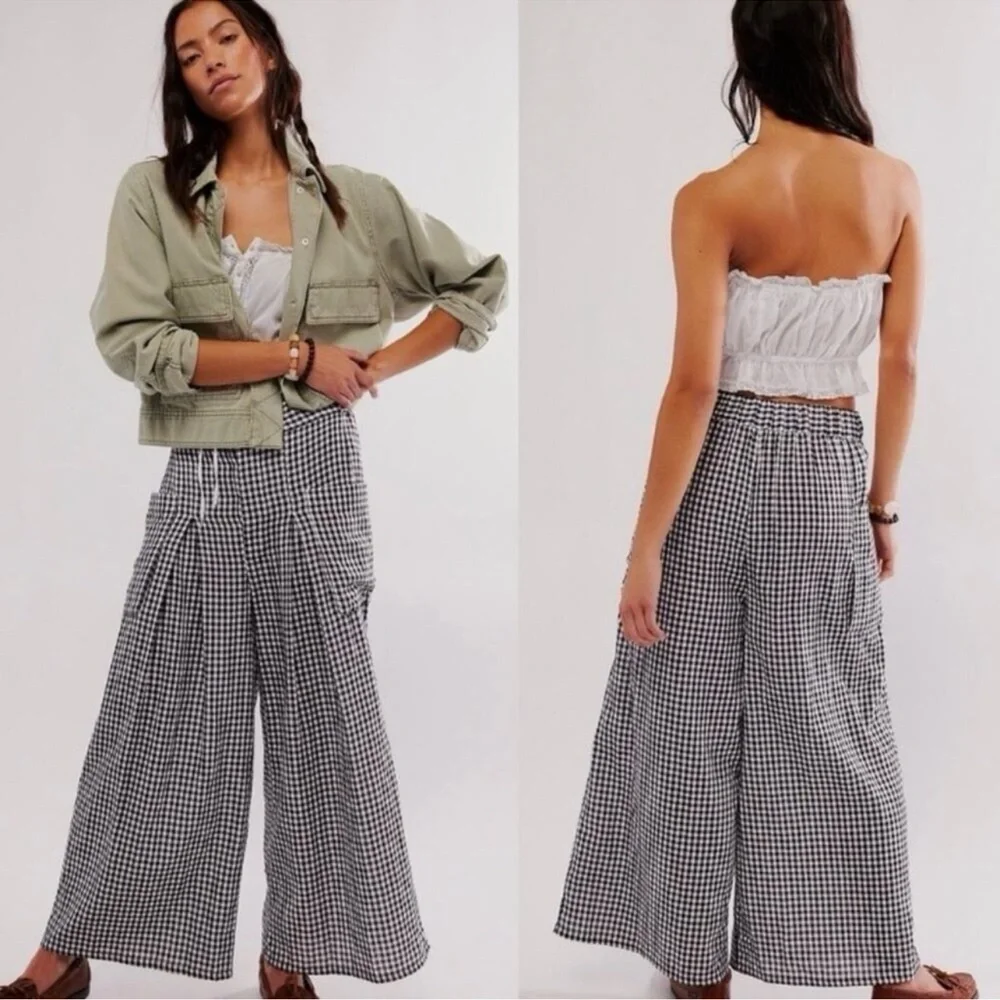 Free People East Side Retro Gingham Black White Trouser Wide Leg Pants NEW